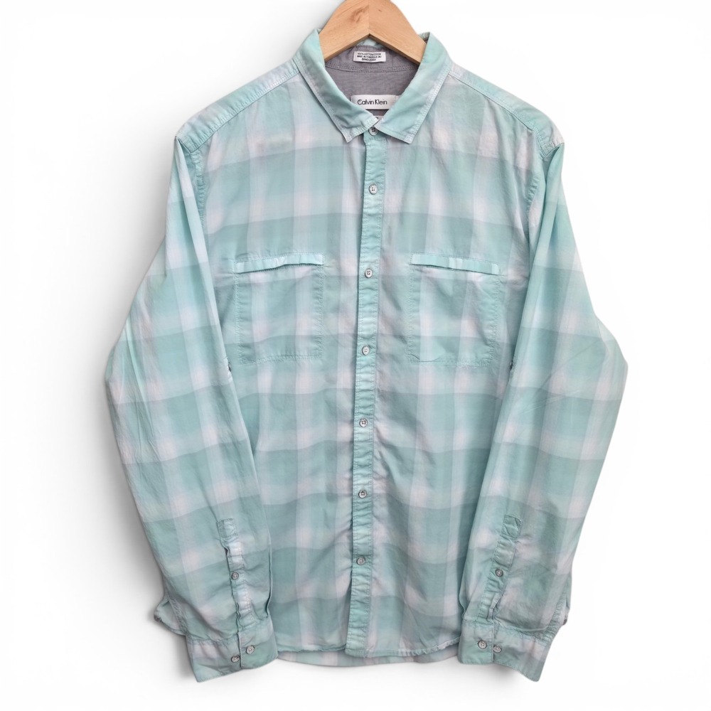 Calvin Klein Shirt Mens Large Teal Plaid Button Up Classic Fit Cotton Casual